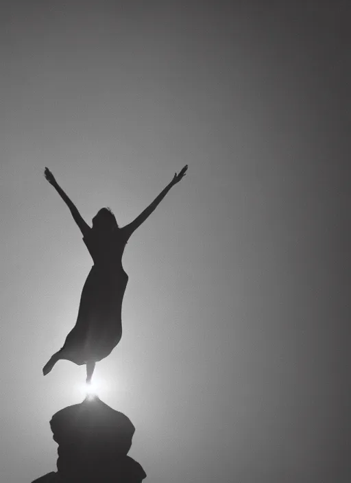 Image similar to female ascending into the sky, glowing aura, motion blur, out of focus, film grain, cinematic lighting, experimental film, shot on 1 6 mm