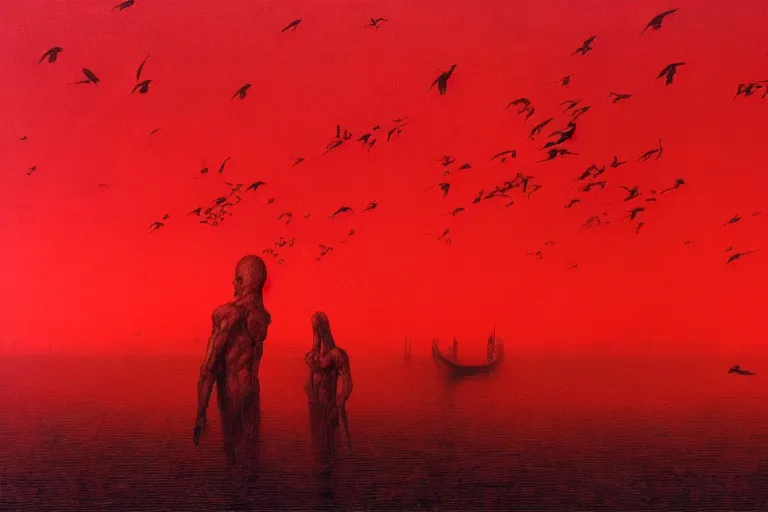 Image similar to only with red, a red dystopic knight, venice, flock of birds in the red sky, in the style of beksinski, parts by edward hopper, parts by rodcenko, parts by yue minjun, intricate and epic composition, red by caravaggio, insanely quality, highly detailed, masterpiece, red light, artstation, 4 k