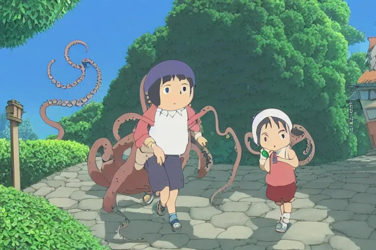 Image similar to screenshot from the studio ghibli film, my neighbor octopus, miyazaki movie, hi res 4 k animation