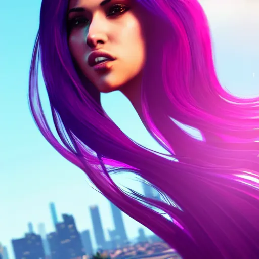 Image similar to a stunning GTA V loading screen with a beautiful woman with ombre hairstyle in purple and pink blowing in the wind, city streets, golden ratio, digital art, trending on artstation