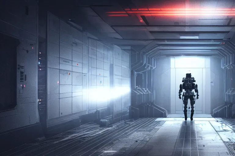 Prompt: a realistic rendering of a dark spacecraft interior, corridor, rows of doors, sparks from ceiling lights in the style of dead space, depth of field, anamorphic lens, sci - fi color grade