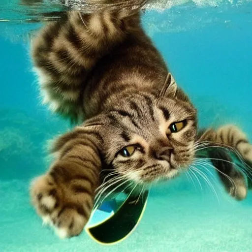 Image similar to Dreamt in `4.87s` for `!dream a cat scuba diving in a huge lake, National Geographic, beautiful masterpiece