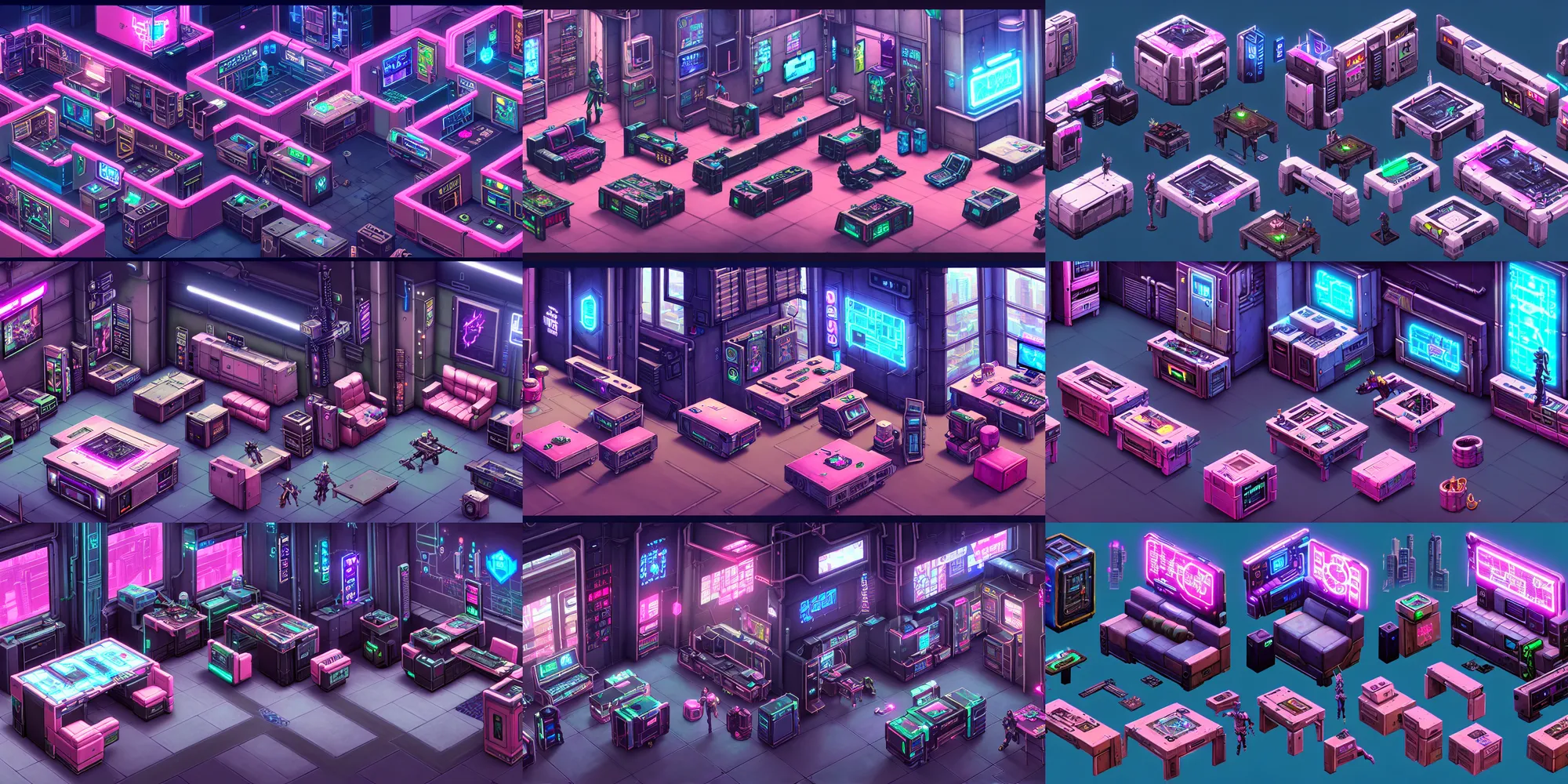 Prompt: game asset of the sims cyberpunk hongkong shadowrun furniture and decor, no characters, in gouache detailed paintings, computer and console and mechanical, vehicles and cockpit, props, stylized, 2 d sprites, kitbash, arcane, overwatch, blue and pink color scheme, 8 k, close up