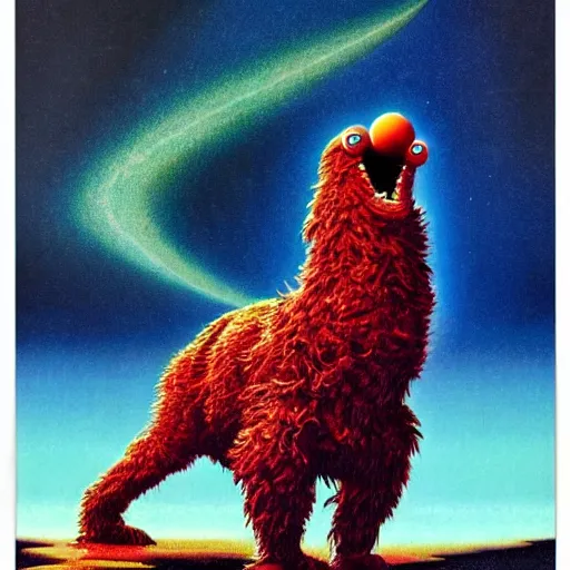 Image similar to elmo in the style of a 7 0 s science fiction novel cover, highly detailed, bruce pennington, peter jones