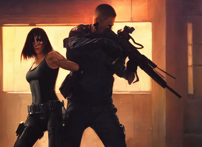 Prompt: maria defeats sgt griggs. cyberpunk assassin knocking out menacing police trooper griggs ( blade runner 2 0 4 9, dystopian, cyberpunk 2 0 7 7 character design ). epic painting by james gurney and laurie greasley, oil on canvas. cinematic, hyper realism, realistic proportions, anatomy, dramatic lighting, high detail 4 k