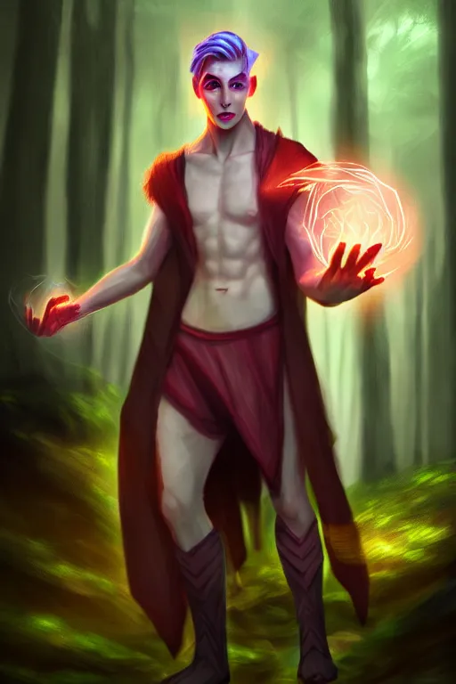 Image similar to a human elemental sorcerer, forest setting, colorful magic, male, white skin, young, sharp focus, concept art, dynamic lighting, unreal engine, by emylie boivin