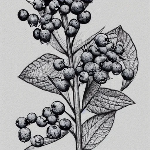 Image similar to botanical drawing of blueberry bush. Traditional art. Rustic. Nordic. Trending on artstation. Detailed. Shrub. Nature. Artistic.