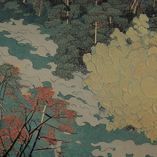 Image similar to a painting of a map landscape with a lot of trees and communities, a detailed painting from above by mikhail vrubel, katsushika hokusai, tom thomson, polycount contest winner, space art, detailed painting, ukiyo - e, apocalypse landscape