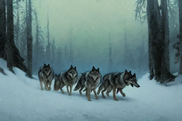 Image similar to a pack of wolves walking in a terrible snowstorm, luminous sky, by greg rutkowski and alphonse mucha, gradient brown to white, rocky mountains background, highly detailed landscape, digital painting, artstation, concept art, smooth, sharp focus illustration