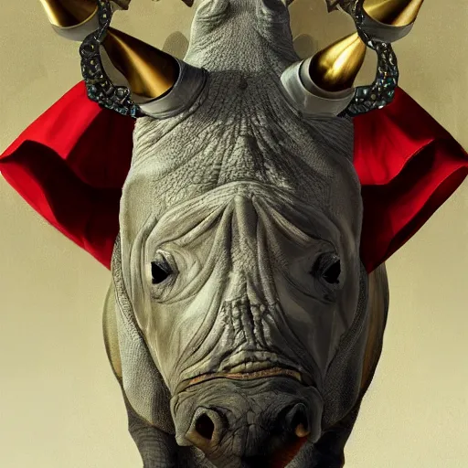 Image similar to detailed photorealistic painting of a one horned rhino wearing a highly detailed ornamented gold crown with diamonds, in a medieval knight armor with red cape , holding a chess piece, sharp focus in the style of ruan jia, Mandy jurgens, cinematic light, concept art, trending on artstation, ultra realistic