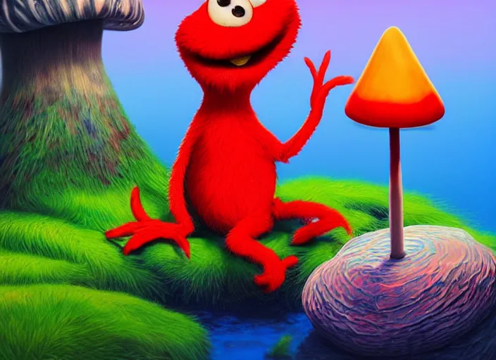 Prompt: dr seuss elmo sitting next to a mushroom, golden hour, fantasy, sharp focus, digital art, hyper realistic, 4 k, unreal engine, highly detailed, hd, dramatic lighting by brom, trending on artstation