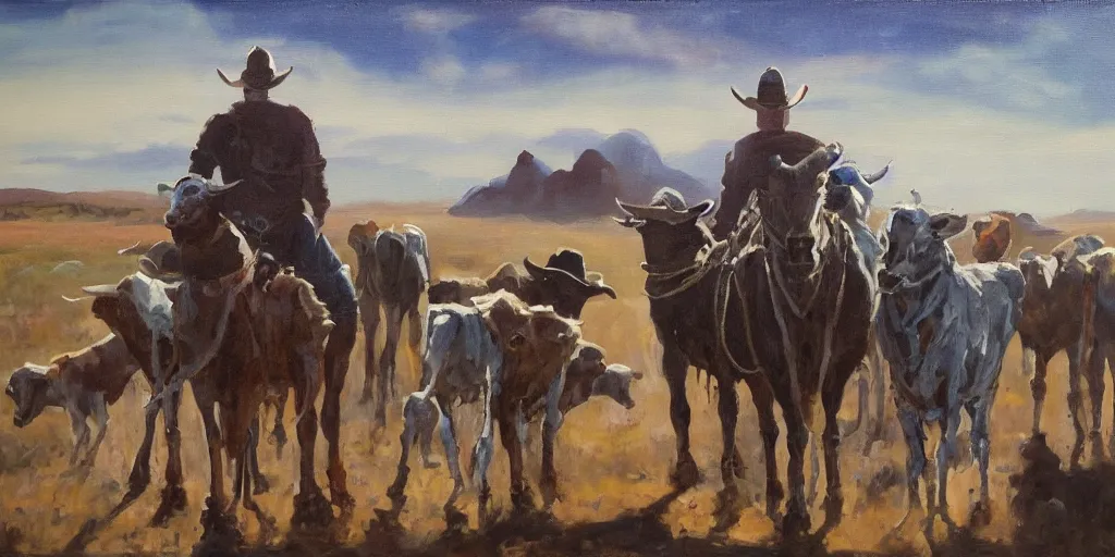 Prompt: Robot cowboys settling in for the night after a long day herding alien cows, old west landscape oil paint on canvas