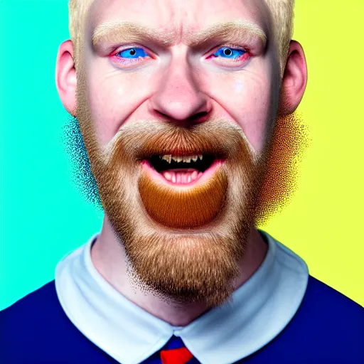 Image similar to A portrait of a british man, teacher, with short blond hair and a short blond beard, blue eyes, pale skin, English heritage, digital art, cartoon, mid-shot, head shot, 8k