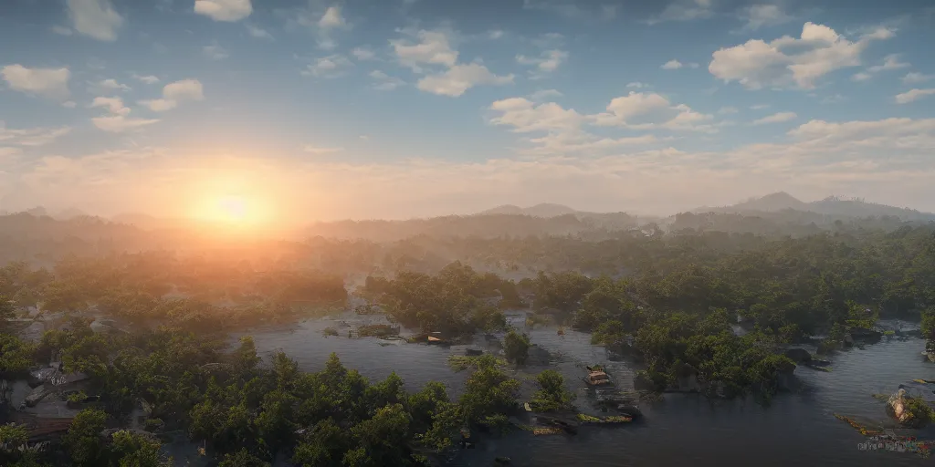 Image similar to drone's view of pearl river, beautiful sun set, stunning volumetric light, unreal engine 5, realistic, artsation, 8 k, highly detailed