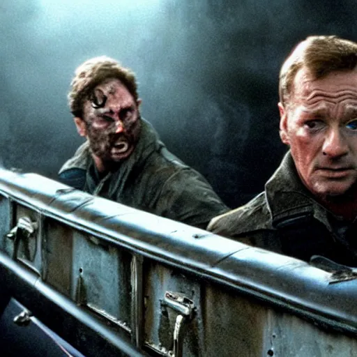 Prompt: a movie by Ridley Scott showing zombies over running a nuclear submarine