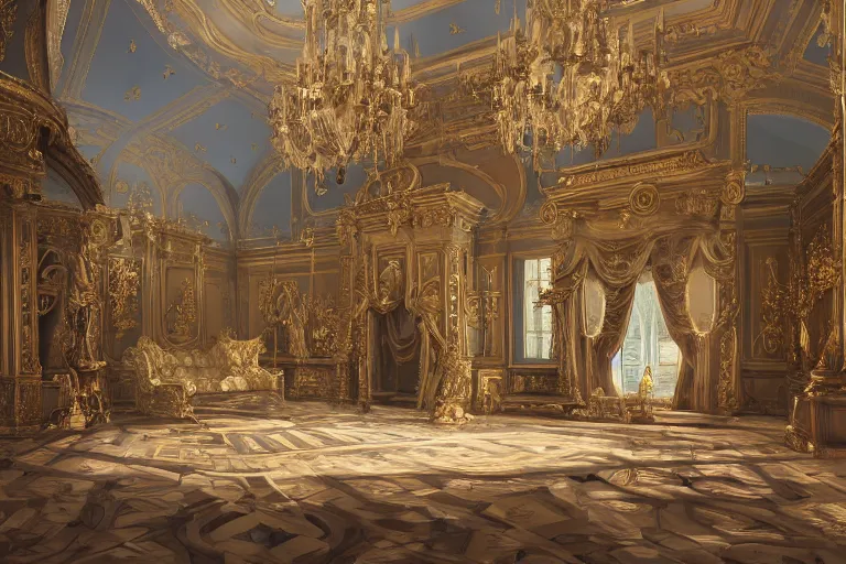 Prompt: beautiful interior of an extravagant french palace during the day, concept art, highly detailed, artstation, ray - tracing, trending, god - rays, volumetric lighting, feng zhu, shaddy safadi, noah bradley, tyler edlin, jordan grimmer, darek zabrocki, neil blevins, tuomas korpi