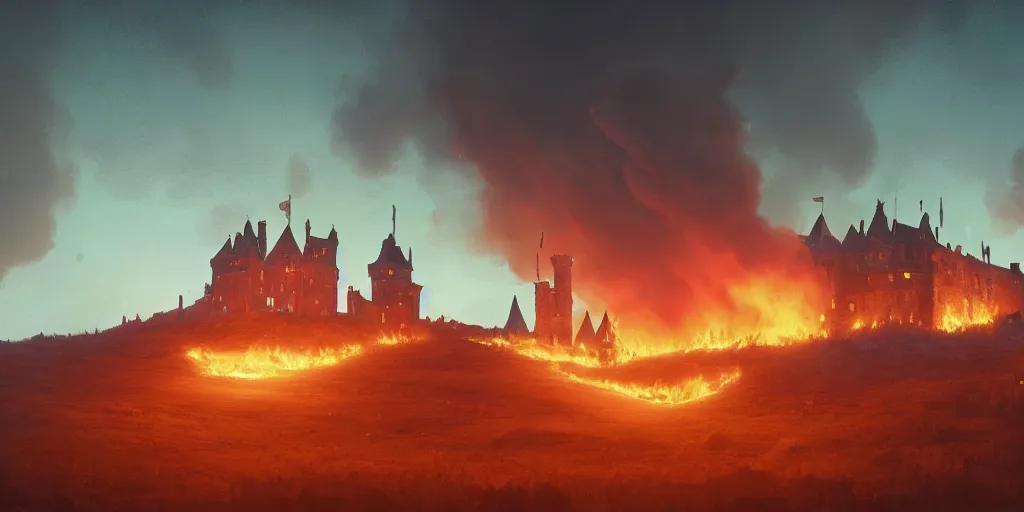 Prompt: a royal grand medieval castle on fire at dusk, intense lighting, on top of a hill, from a distance, intense smoke, burning down, intense flames, center focus, landscape by simon stalenhag, rendered by beeple, by makoto shinkai, digital art