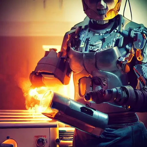 Image similar to cyborg with toaster oven chest, dark messy smoke - filled cluttered workshop, dark, dramatic lighting, orange tint, sparks, cinematic, highly detailed, sci - fi, futuristic, movie still