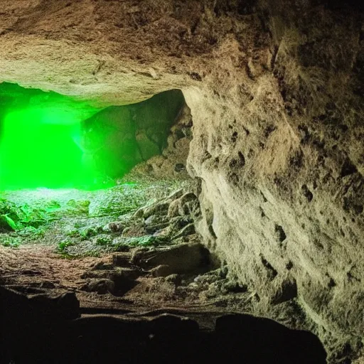 Image similar to a mysterious green light emanating from a cave entrance