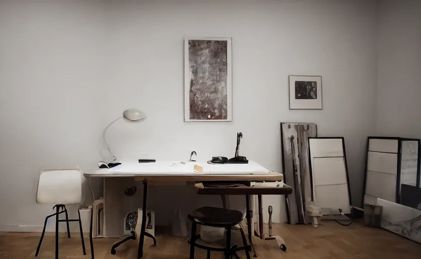 Image similar to beautiful art studio in the style of minimalism, ambient lighting, hd photography