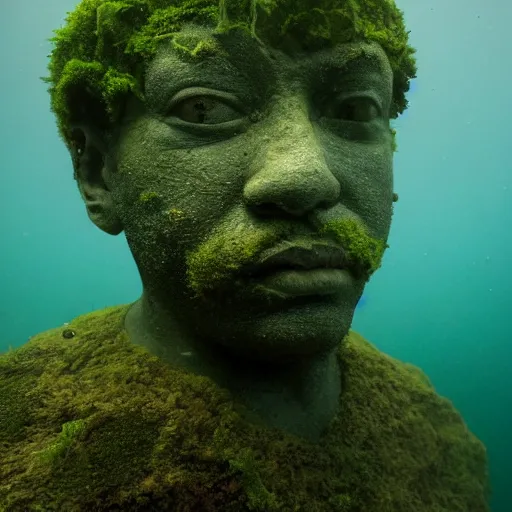 Image similar to Award-winning photograph by Mar Mann. The photo depicts a decaying roman bust of Tim Maia overgrown with moss at the bottom of the sea in the middle of ruins of civilization. Minimalism, high definition, perfect composition. Deep sea picture. Very dark. Volumetric Lighting. Fish. Darkness. Ruins