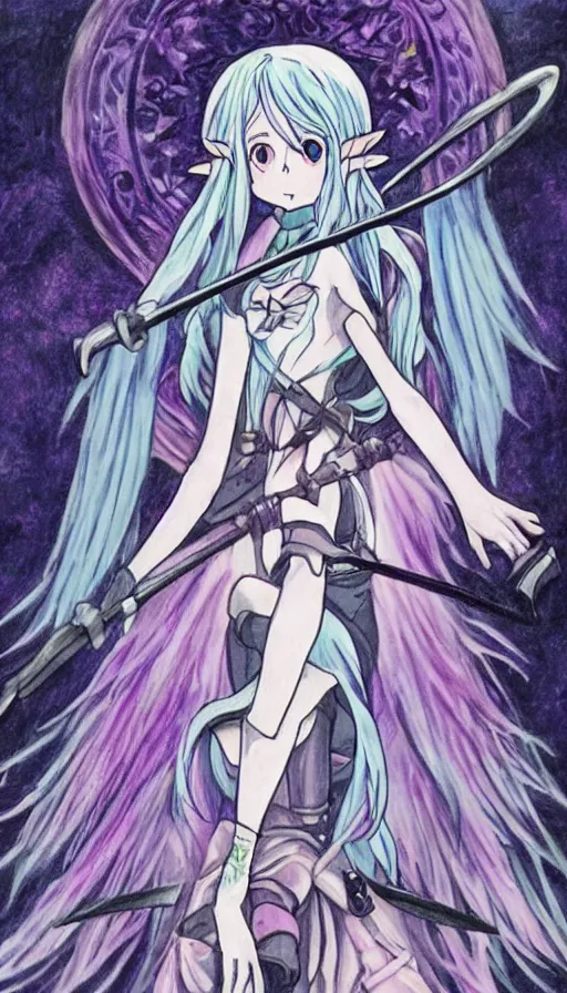 Image similar to a beautiful link drawing of the being death as a cute anime girl with a giant scythe from a studio ghibli film inspired by the death tarot card, dark vibes, pastel colors