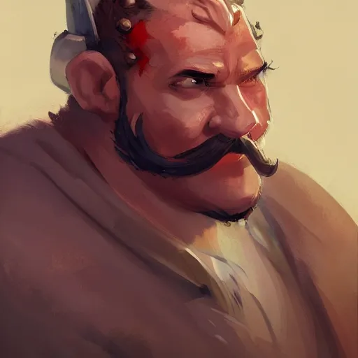 Image similar to portrait old chef barbarian warrior with trucker mustache and short hair, 8 k, trending on art station, by tooth wu and greg rutkowski