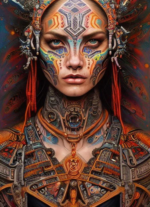 Image similar to hyper detailed masterpiece beautiful aztec face tattoo girl by donato giancola and tom bagshaw, face by artgerm and edmund leighton, and h. r. giger, trending on artstation, colorful, psychedelic aesthetic, ornate, background by james jean, 8 k, biomechanical, majestic, volumetric lighting, porcelain skin, concept art, sharp focus