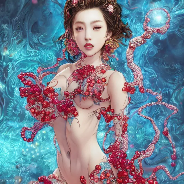 Image similar to an absurdly beautiful, elegant, young hypercolorful sensual gravure idol partially made up of rubies and red gems, ultrafine hyperrealistic detailed face illustration by kim jung gi, irakli nadar, intricate linework, sharp focus, bright colors, matte, octopath traveler, final fantasy, unreal engine highly rendered, global illumination, radiant light, intricate environment