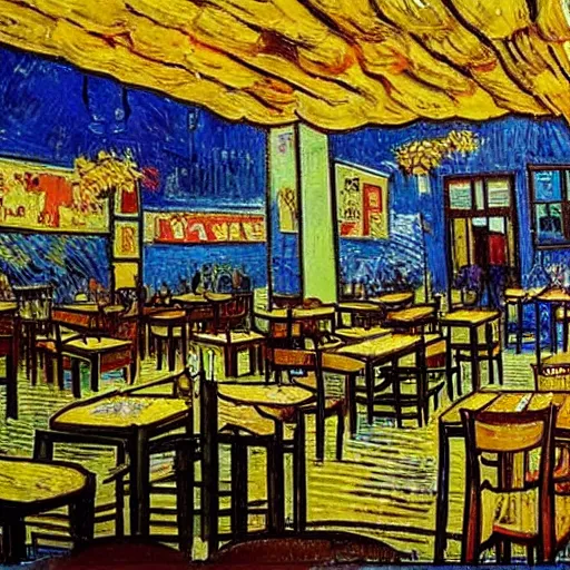 Image similar to a sunlit cafe in Tel Aviv, busy, daytime, in the style of Vincent Van Gogh