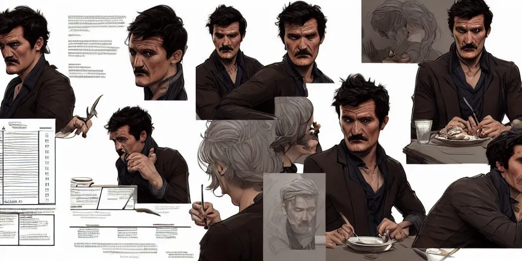 Prompt: pedro pascal eating dinner, character sheet, storyboard, character design, contrast, deep focus, turnaround, highly detailed, dramatic lighting, digital painting, artstation, concept art, matte, sharp focus, illustration, elegant, art by artgerm and greg f and alphonse mucha.