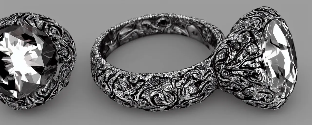 Image similar to black magic crystal ring, fire, flame, crystal, engravings, diamonds, product design, art by gerald brom, greg rutkowski and artgerm, photo realism, unreal engine, c 4 d