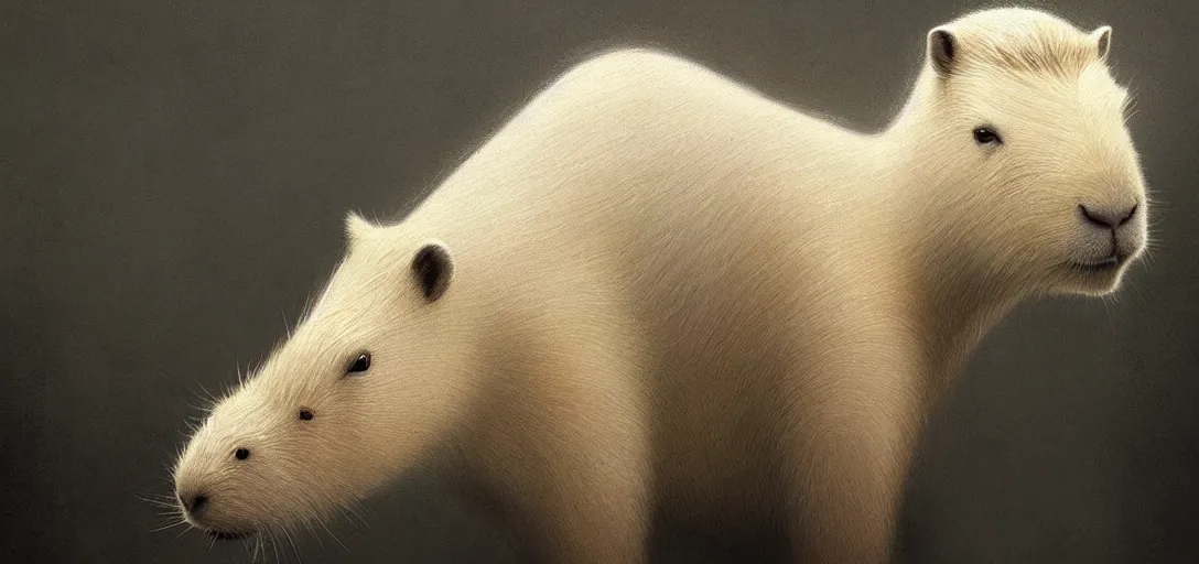 Image similar to complete and delicate portrait of a white capybara, beautiful, agile, fairy, myth, legend, detailed, trending on artstatioin, light effects, kilian eng, john harris, bastien lecouffe - deharme