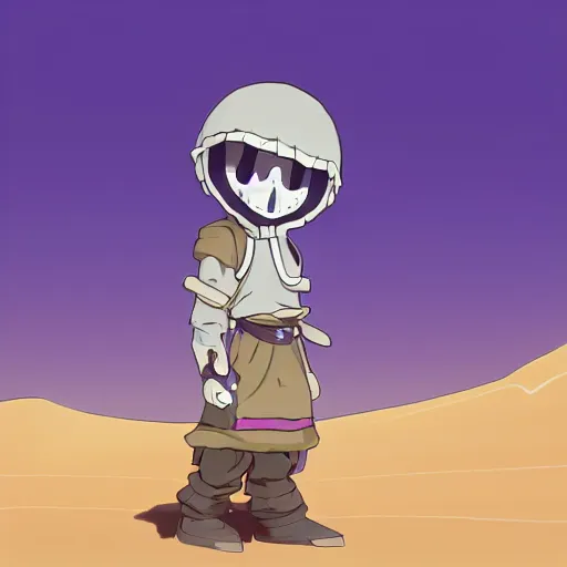 Image similar to cute little boy wearing an skull mask and dressed in an nun outfit in desert, purple color palette, artwork made in made in abyss art style, inspired in ddtank and hirohiko araki, ray tracing, soft details