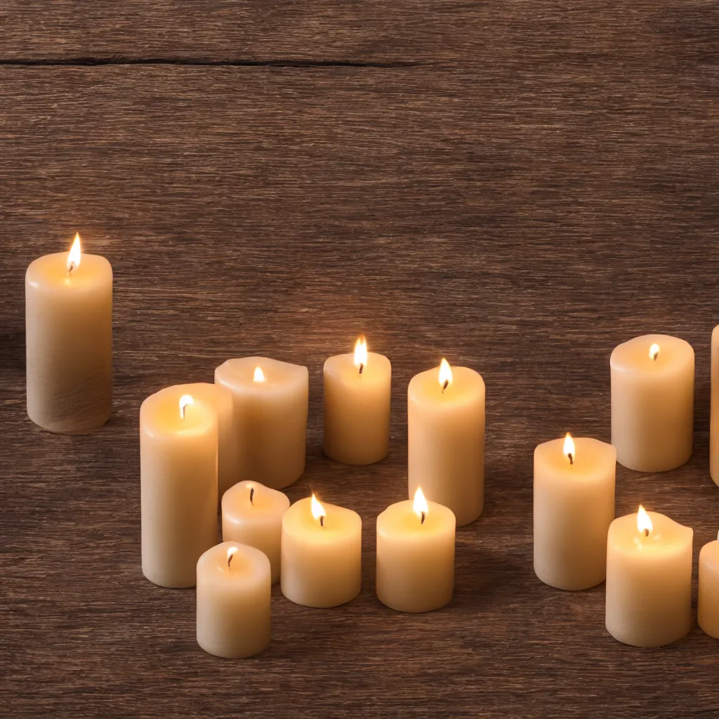 Prompt: close - up view of candles on top of a wooden table, 8 k, high detail, photorealistic, proper shading, gorgeous view