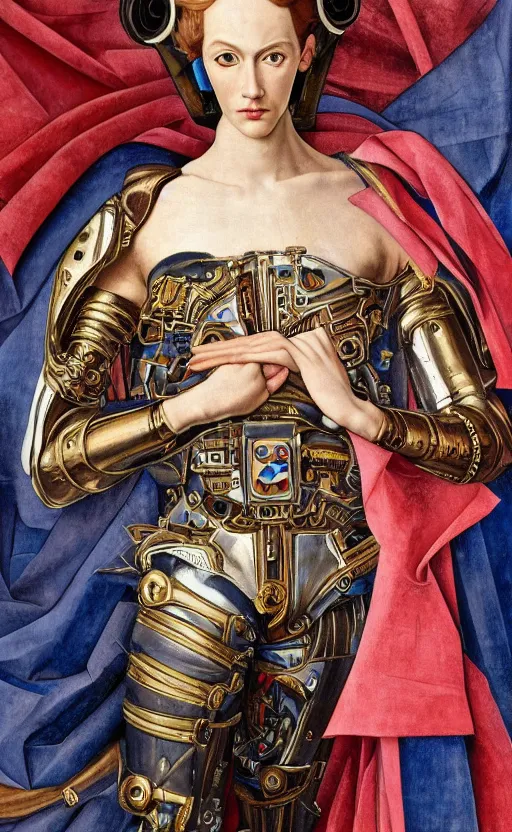 Prompt: beautifully painted mural of a stunning young cyborg prince in ornate royal fabric, piercing glowing eyes, sci fi scenery, vogue cover poses, mural in the style of sandro botticelli, caravaggio, albrecth durer