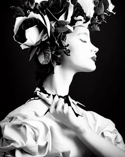 Image similar to dreamy surreal poetic black and white photo of a beautiful young female-cyborg-vegetal with a very long neck and a super big gothic lace collar and a very high big floral crown with many black dry roses by Vivienne Westwood:: smoke, high fashion, haute couture, rococo, avant-garde, elegant, dreamy, hyper realistic, 150 mm lens, soft rim light, octane render, unreal engine, picture was taken in 1910 by Dora Maar, volumetric lighting, dramatic light,8k,