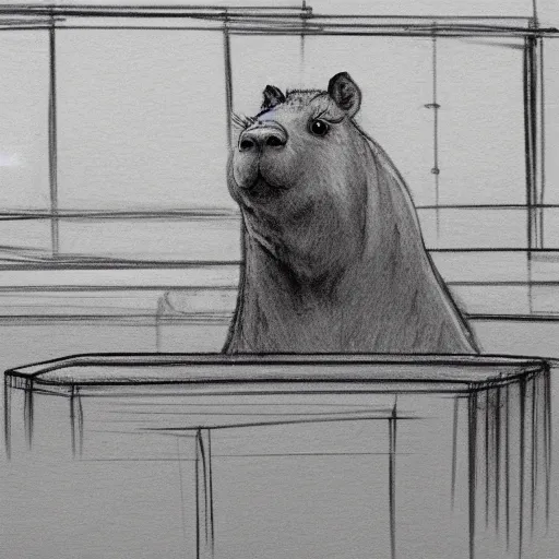 Image similar to courtroom sketch of a capybara on trial, photograph, trending on artstation, 4k, concept art