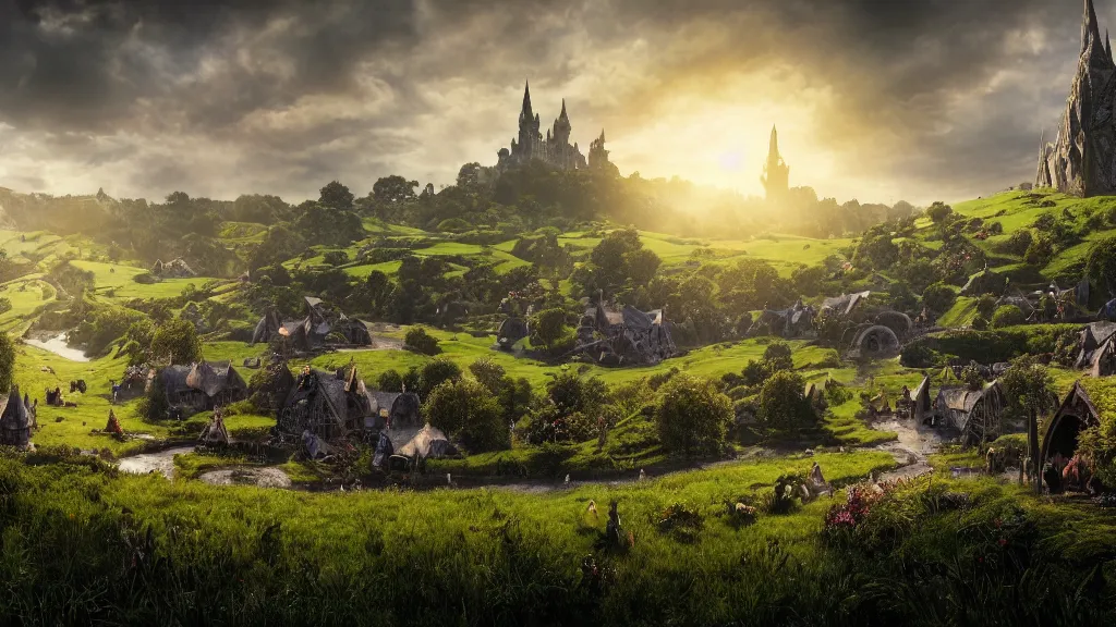 Image similar to a beautiful wide shot of hobbiton, middle earth, alan lee, fromsoftware, elden ring, dark souls, bloodborne, dark fantasy, realistic, highly detailed, 8 k, volumetric lighting, sinister lighting, detailed terrain, concept art, matte painting