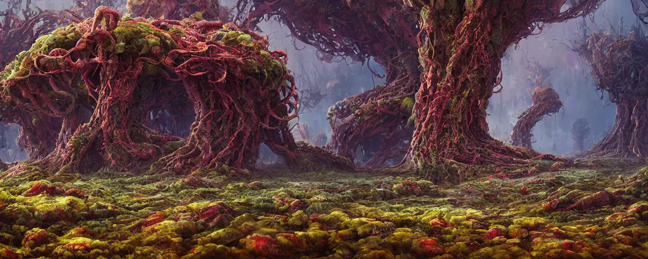 Prompt: ” whimsical world massive transparent twisted roots, [ by paul lehr, cinematic, detailed, epic, widescreen, opening, establishing, mattepainting, photorealistic, realistic textures, octane render ] ”