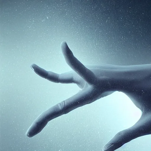 Image similar to hyperrealistic mixed media high resolution image of complex potential flow around a proportionally sized hand reaching up and outward from the flow toward the unknown, particle teleportation, stunning 3d render inspired art by unreal engine and Greg Rutkowski, perfect symmetry, dim volumetric lighting, 8k octane beautifully detailed render, post-processing, extremely hyper-detailed, intricate, epic composition, highly detailed attributes, highly detailed atmosphere, cinematic lighting, masterpiece, trending on artstation, very very detailed, masterpiece, stunning, flawless epidermis,