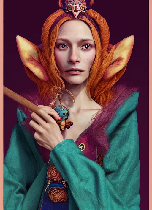 Image similar to an anthropomorphic beautiful female wizard portrait made of fox holding a staff wearing colourful robe, fine art, award winning, intricate, elegant, sharp focus, octane render, hyperrealistic, cinematic lighting, highly detailed, digital painting, 8 k concept art, art by jamie hewlett and z. w. gu, masterpiece, trending on artstation, 8 k