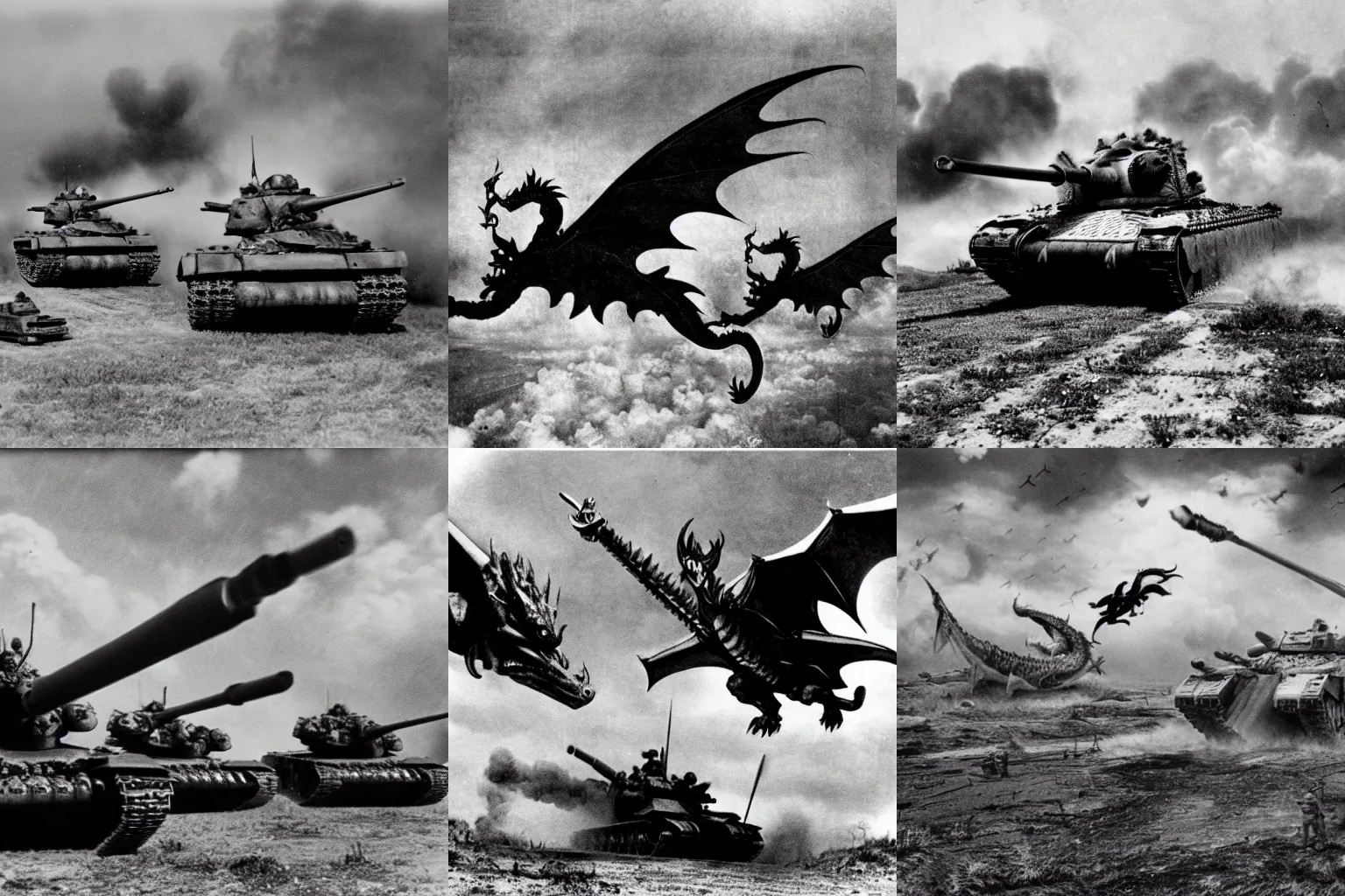Prompt: black and white photo Dragons in Battle of Kursk WWII, dragons flying, tanks