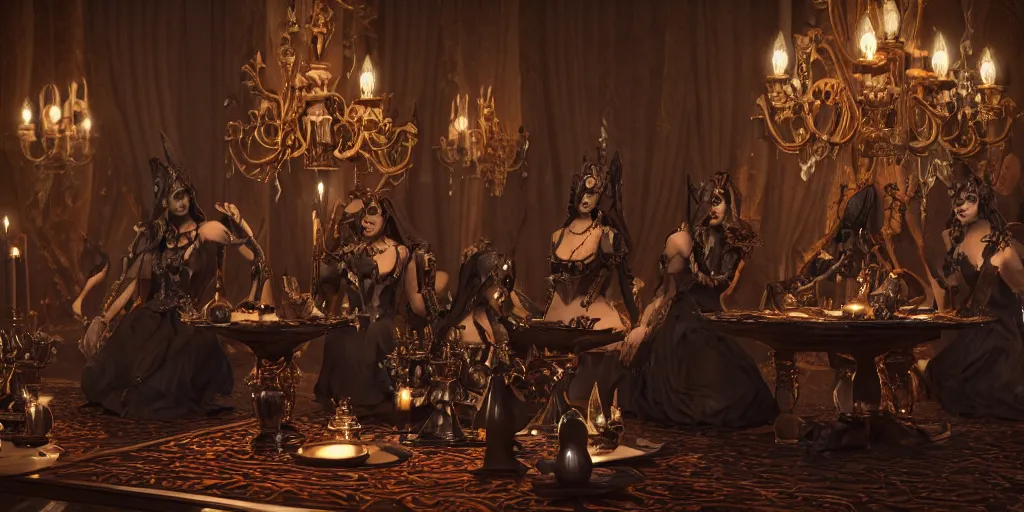 Image similar to dark witches sitting at a table doing a ritual. Ornate details, award winning. Octane render, 4k, 8k, unreal 5, very detailed, hyper control-realism, trending on artstation.”