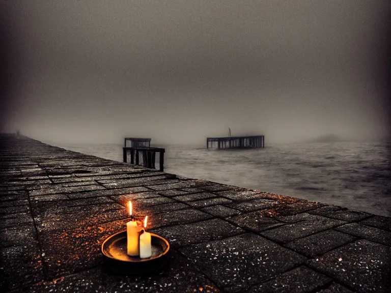 Prompt: a forgotten wharf on a cold sea by zacharias aagaard and magali villeneuve and ruth deckard, hyperrealism, high contrast, low light, bokeh, short focal length, desaturated, grey mist, cobblestones, orange candle flames, volumetric lighting