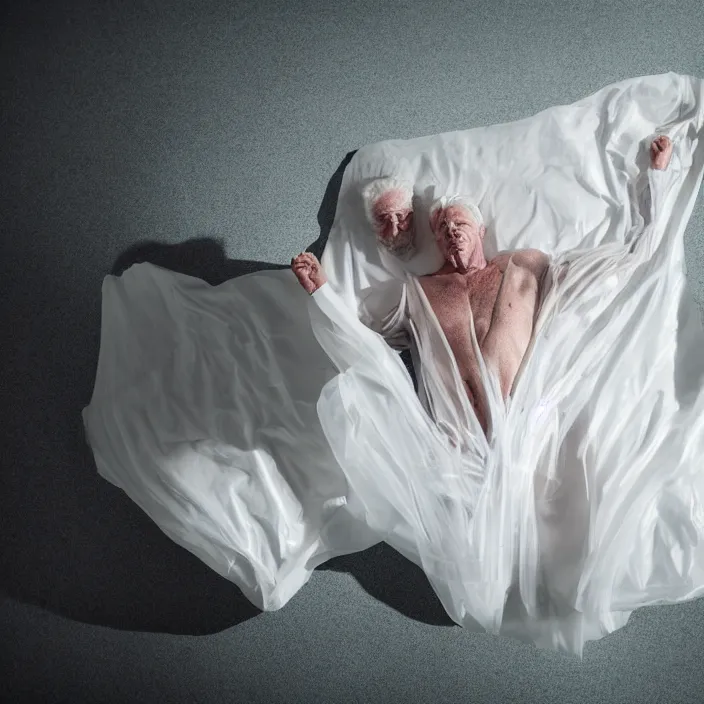 Prompt: a 7 0 year old white haired man lays on a bed, a transparent iridescent figure levitates above him, by clemens ascher, canon eos c 3 0 0, ƒ 1. 8, 3 5 mm, 8 k, medium - format print