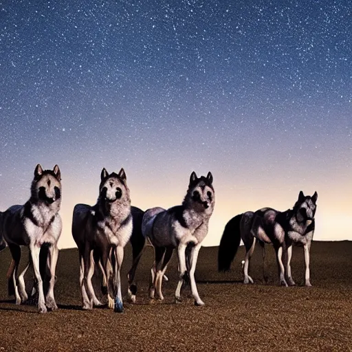 Image similar to wolf pack surrounding two horses at night