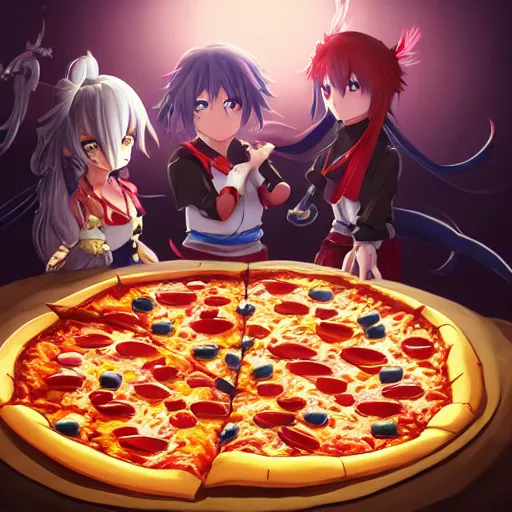 Image similar to pizza with anime toppings, anime fantasy illustration by tomoyuki yamasaki, kyoto studio, madhouse, ufotable, square enix, cinematic lighting, trending on artstation