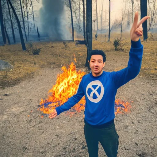 Prompt: a selfie of a guy making a peace sign while standing in a fire