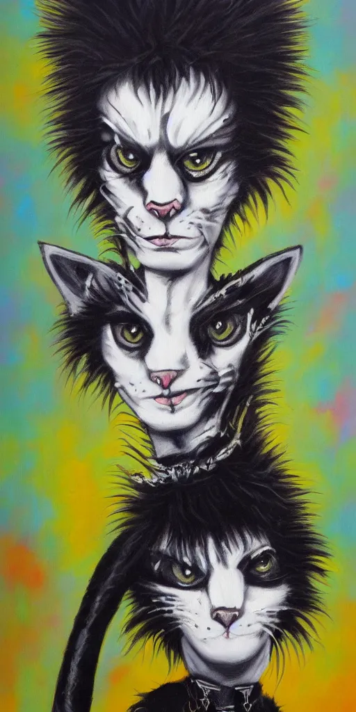 Image similar to cat sid vicious punk glam goth, oil - paint style